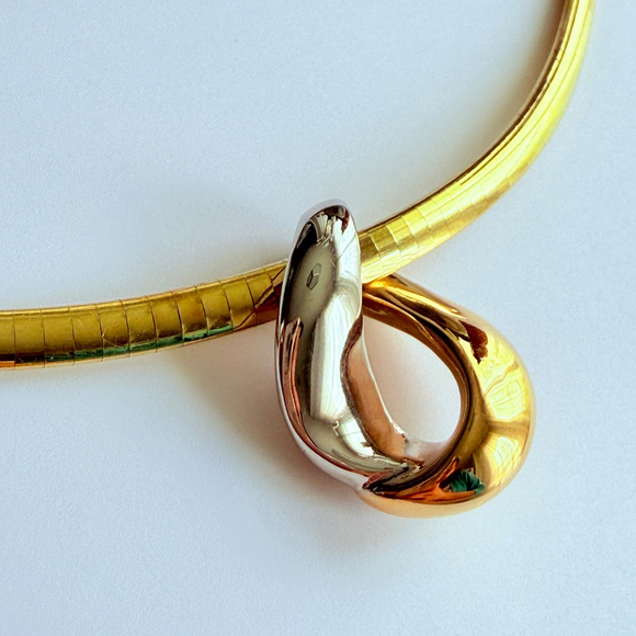 Estate 14K Yellow Gold Gooseneck Half Round Necklace Two Tone Modernist Pendant - Picture 5 of 12